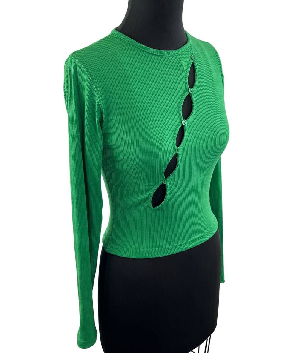 NASTY GAL Green Diagonal Cut Out Ribbed Knit Long Sleeve Top Fitted Night Out 4